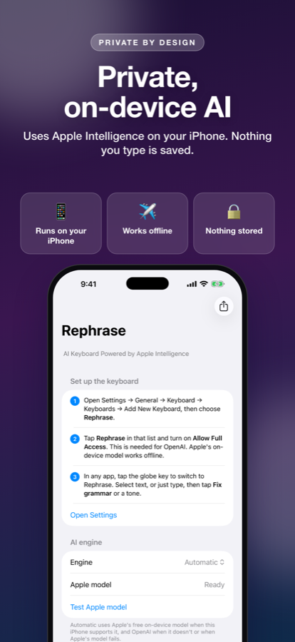 Rephrase app setup screen